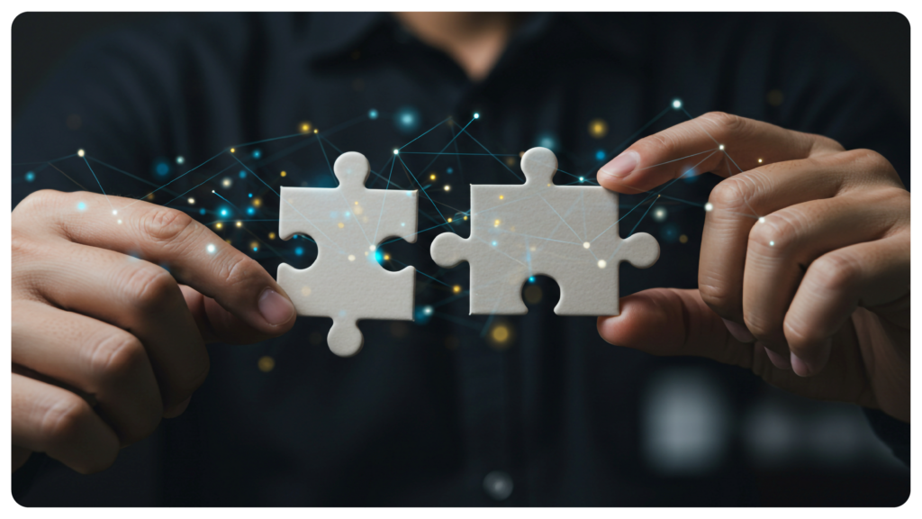 Puzzle pieces held by a man to illustrate the steps for modernizing a legacy system