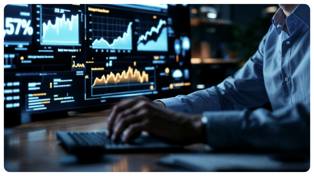 Person analyzing data on multiple monitors displaying financial charts and dashboards, representing operational vs analytical database management systems.